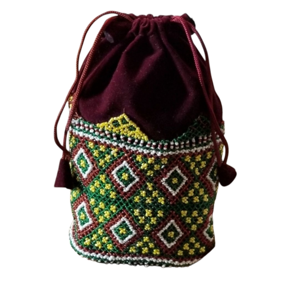 Hand Beaded Drawstring Bag Burgundy and Green Bohemian Small Evening Bag